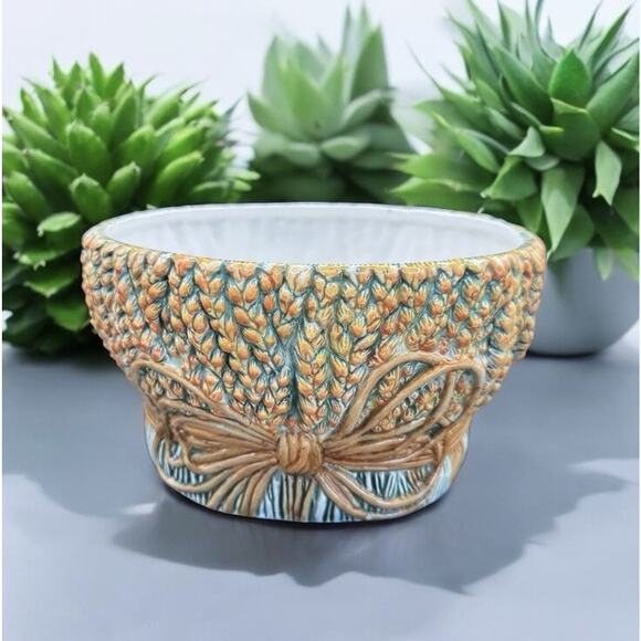 Vintage Wheat Sheath with Bow Ceramic Planter Majolica Style 8.5 Inches China - Picture 1 of 10